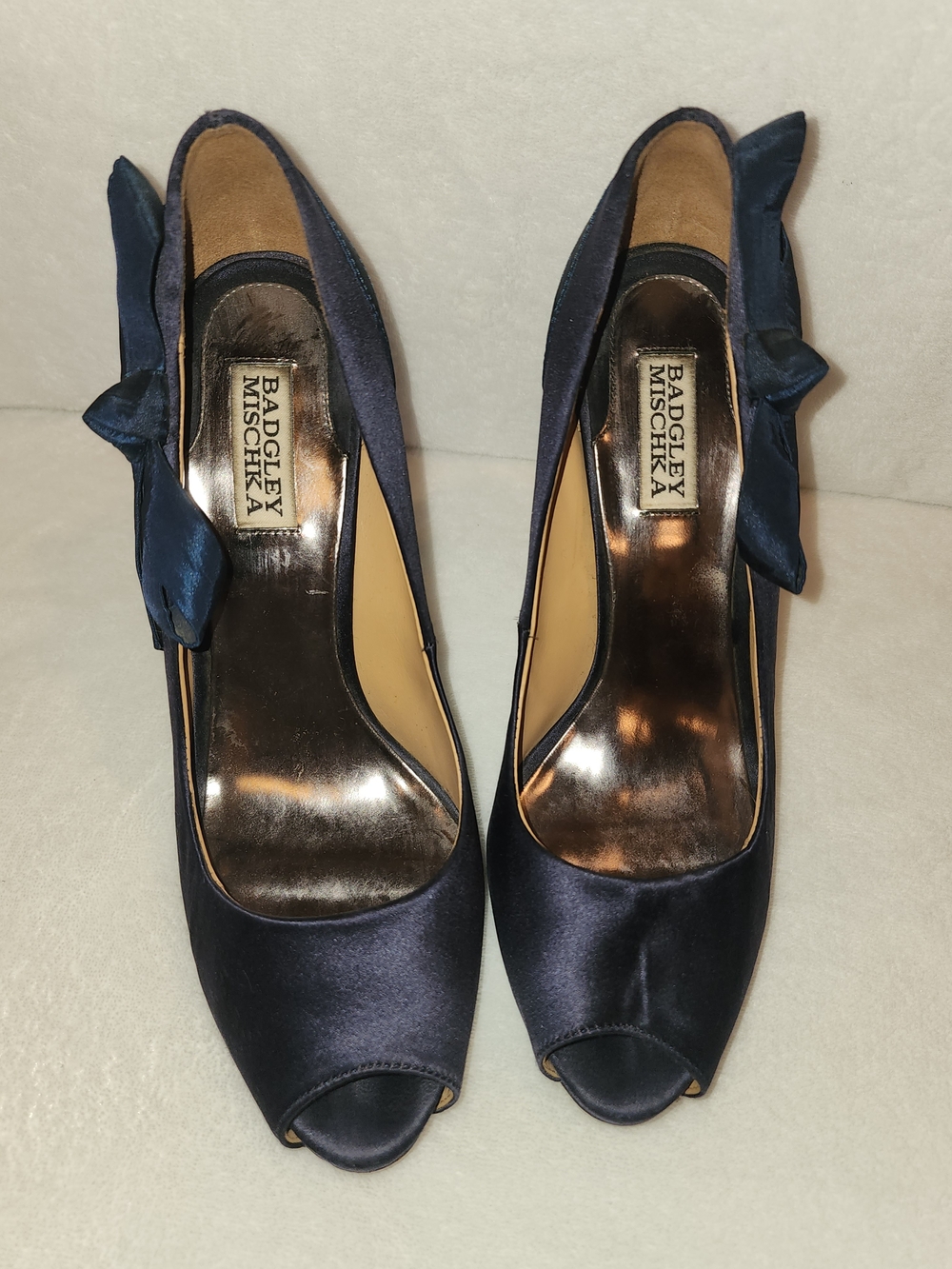 Badgley Mischka Satin Navy Peep-Toe Pumps with Side Bow